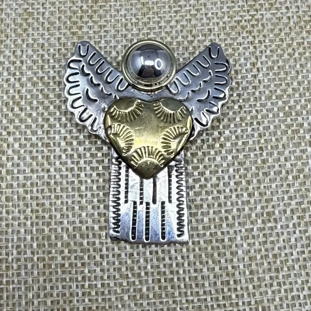 Vintage 925 Sterling Silver and Brass Angel Heart Brooch and Pendant 9 grams